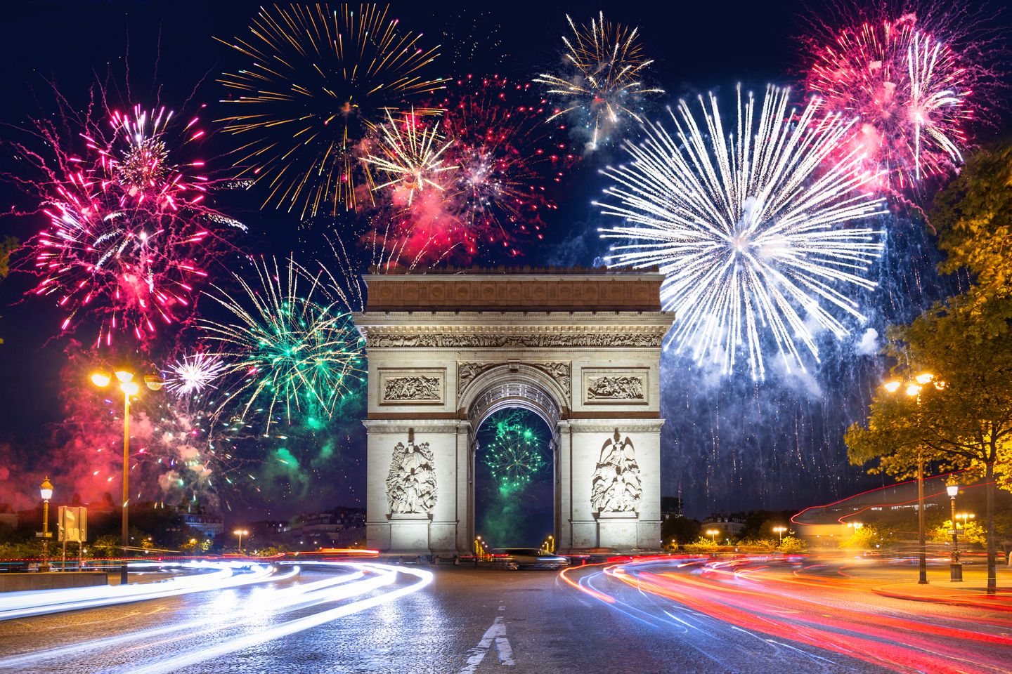 Christmas in France New Year fireworks display over the Arc de Triomphe in Paris, France