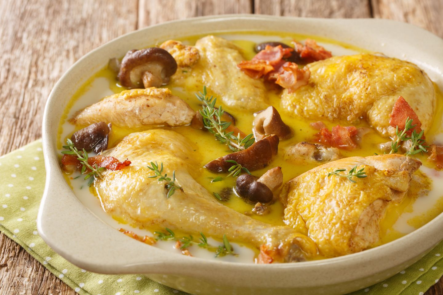 Delicious discoveries: 9 foods to try in Alsace Coq au Riesling, Alsatian chicken in white wine with cream, bacon and mushrooms.